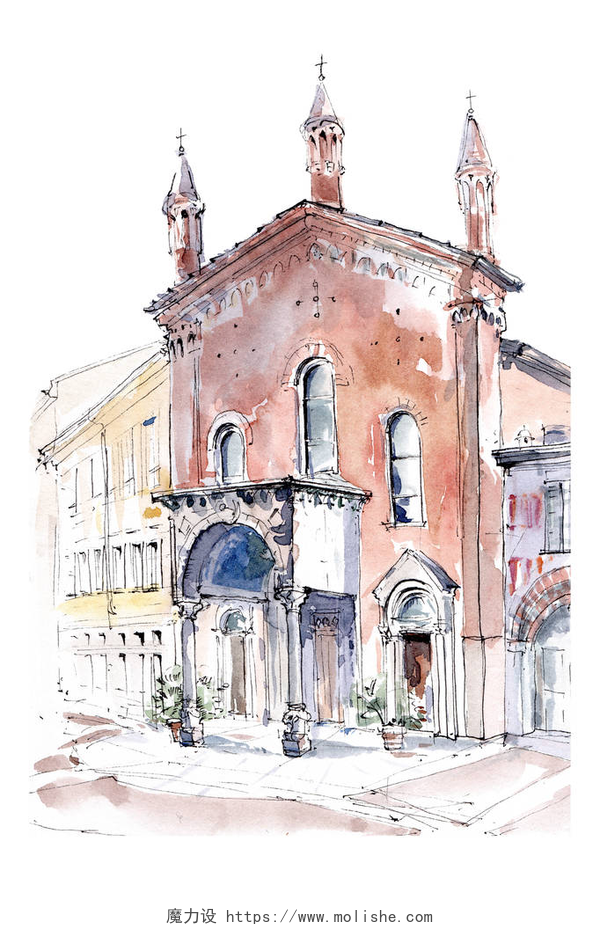 手绘的意大利米兰旧教堂插画意大利米兰圣卡利梅罗大教堂的砖砌外墙。在白色背景上隔离的手工绘制墨迹和水彩建筑插图